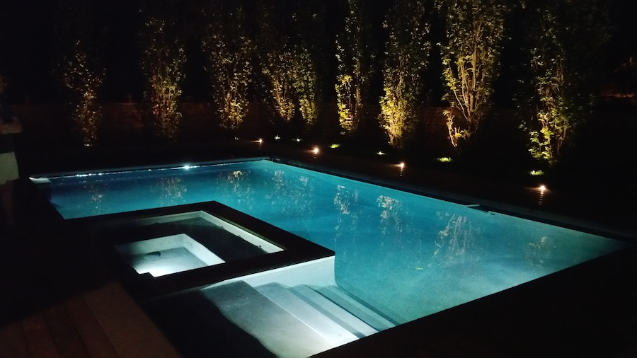Coastal Source bullet lights illuminate trees surrounding a well-lit pool.