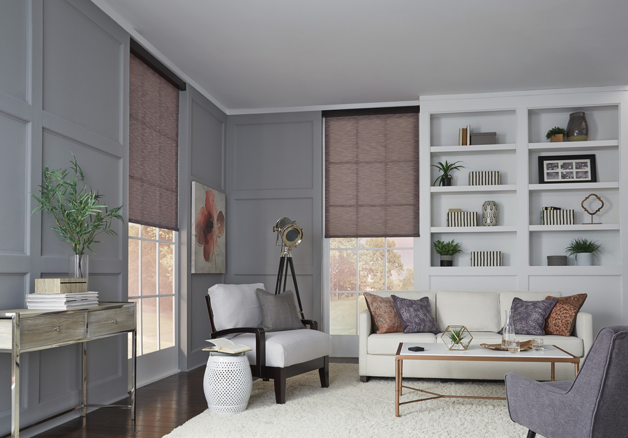 Two living room windows featuring Lutron motorized shades. 