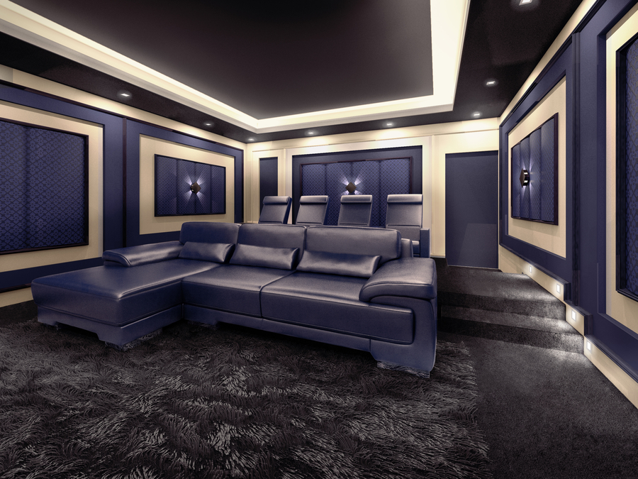 Image is of a blue leather sofa in a black and gray carpeted home theater.