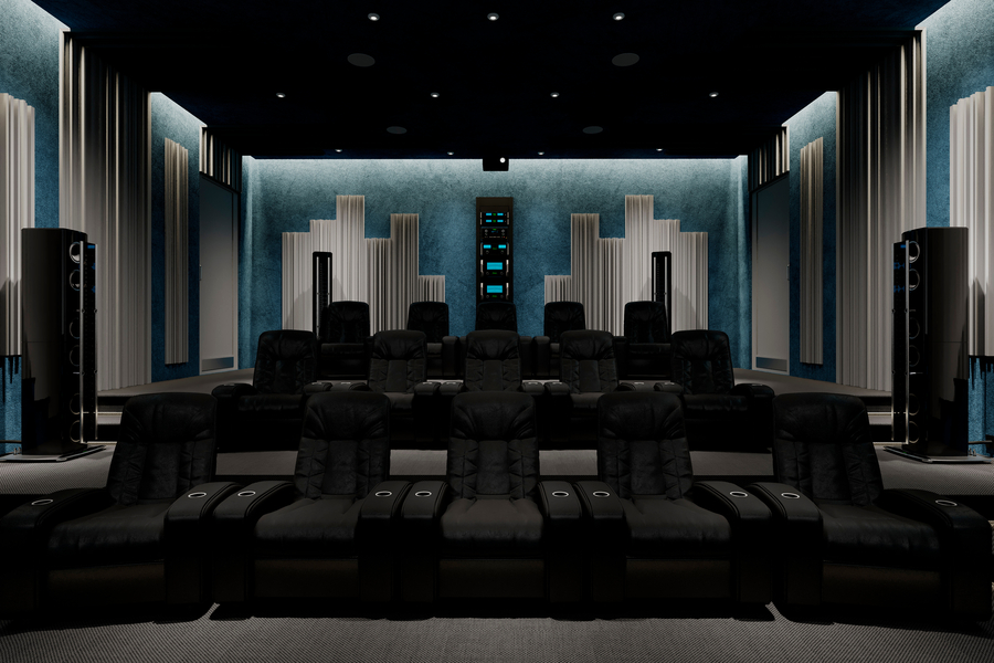 A home theater room view, facing the back wall with McIntosh audio components.