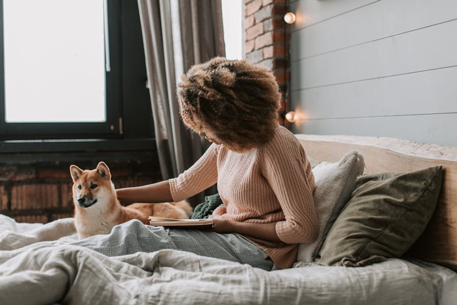 Woman relaxing in bed with a dog, reading a book in a cozy bedroom with warm lighting.