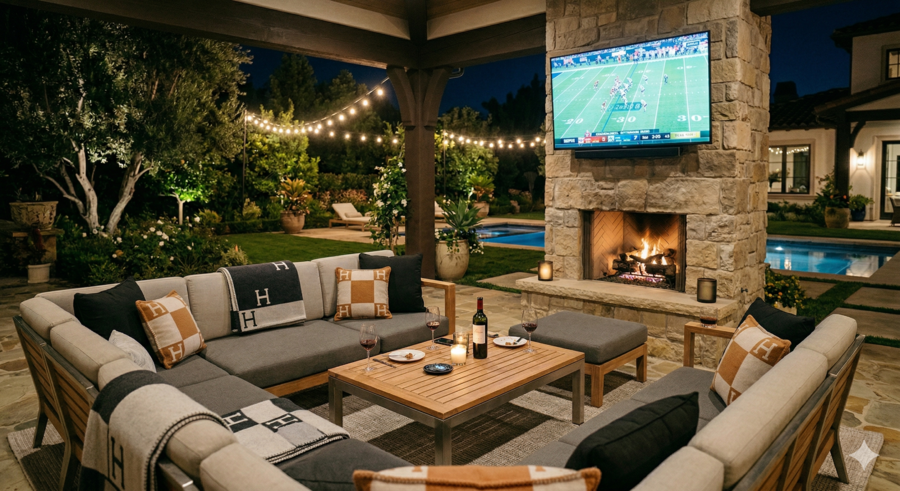 Luxury outdoor patio with fireplace, mounted TV, and string lighting for evening entertainment