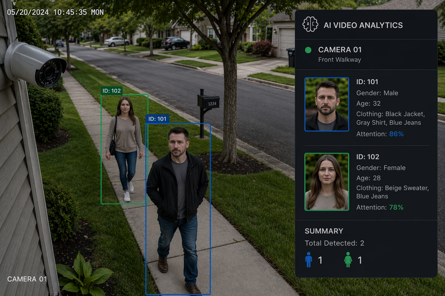 AI-powered home security camera identifying two people on a residential sidewalk, with on-screen analytics showing detected individuals, attributes, and smart recognition data.