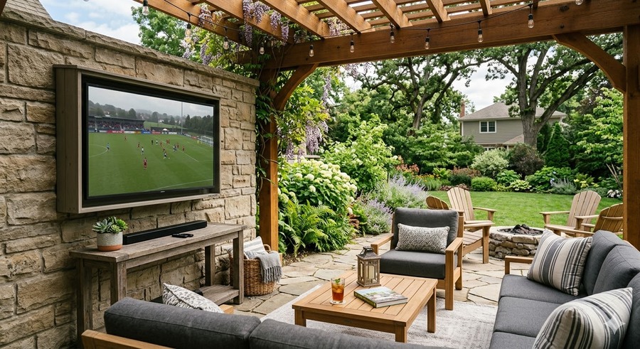 A cozy patio with stone walls, a wooden pergola, and a large TV showing a soccer match, surrounded by lush green foliage.