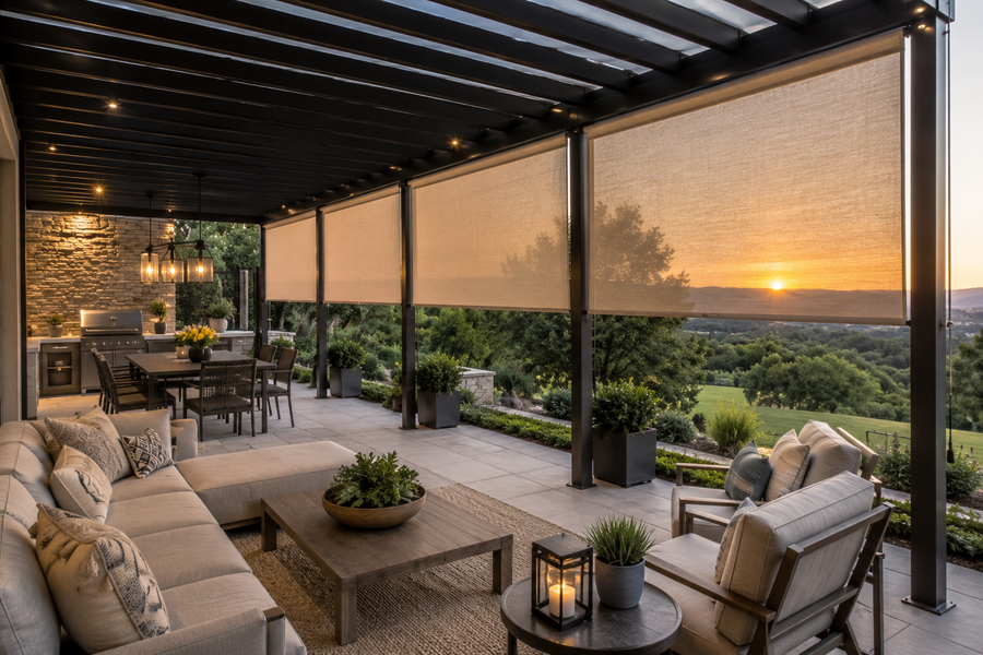 Luxury outdoor living space with a modern pergola featuring motorized outdoor shades, plush lounge seating, an outdoor dining area, and scenic sunset views.